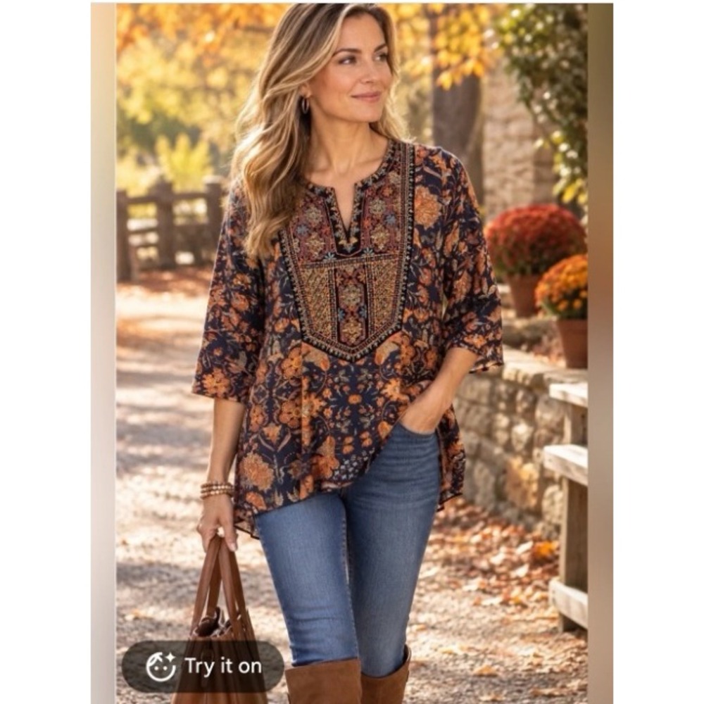 Soft Surroundings Paisley Embroidered Velvet Bib Bell Sleeve Tunic Top PS